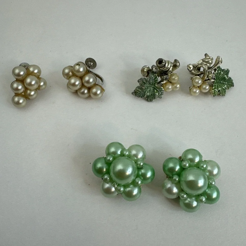 Vintage Silvertoned Grapevine Earrings With Faux Pearl Grapes Lot Of 3